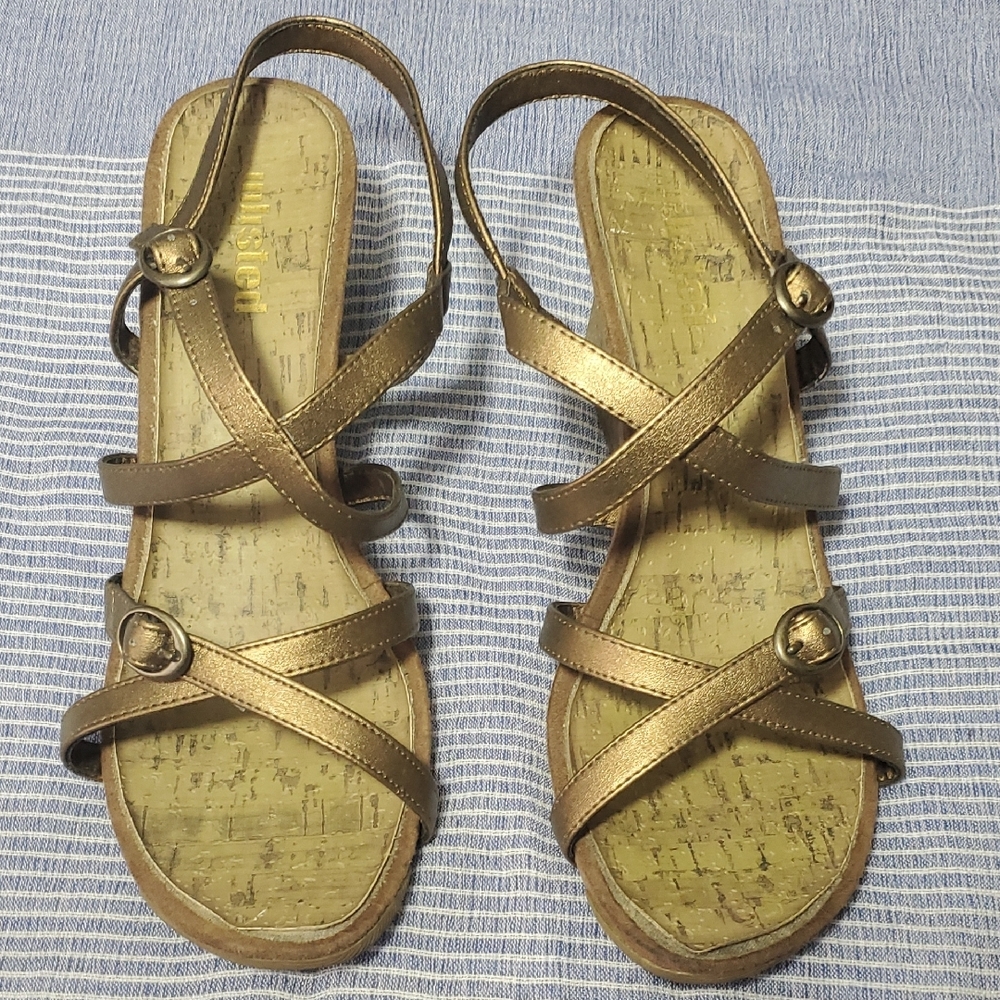 Bronze Strappy Wedge Sandals - Size 10  Bronze Metallic Faux Leather